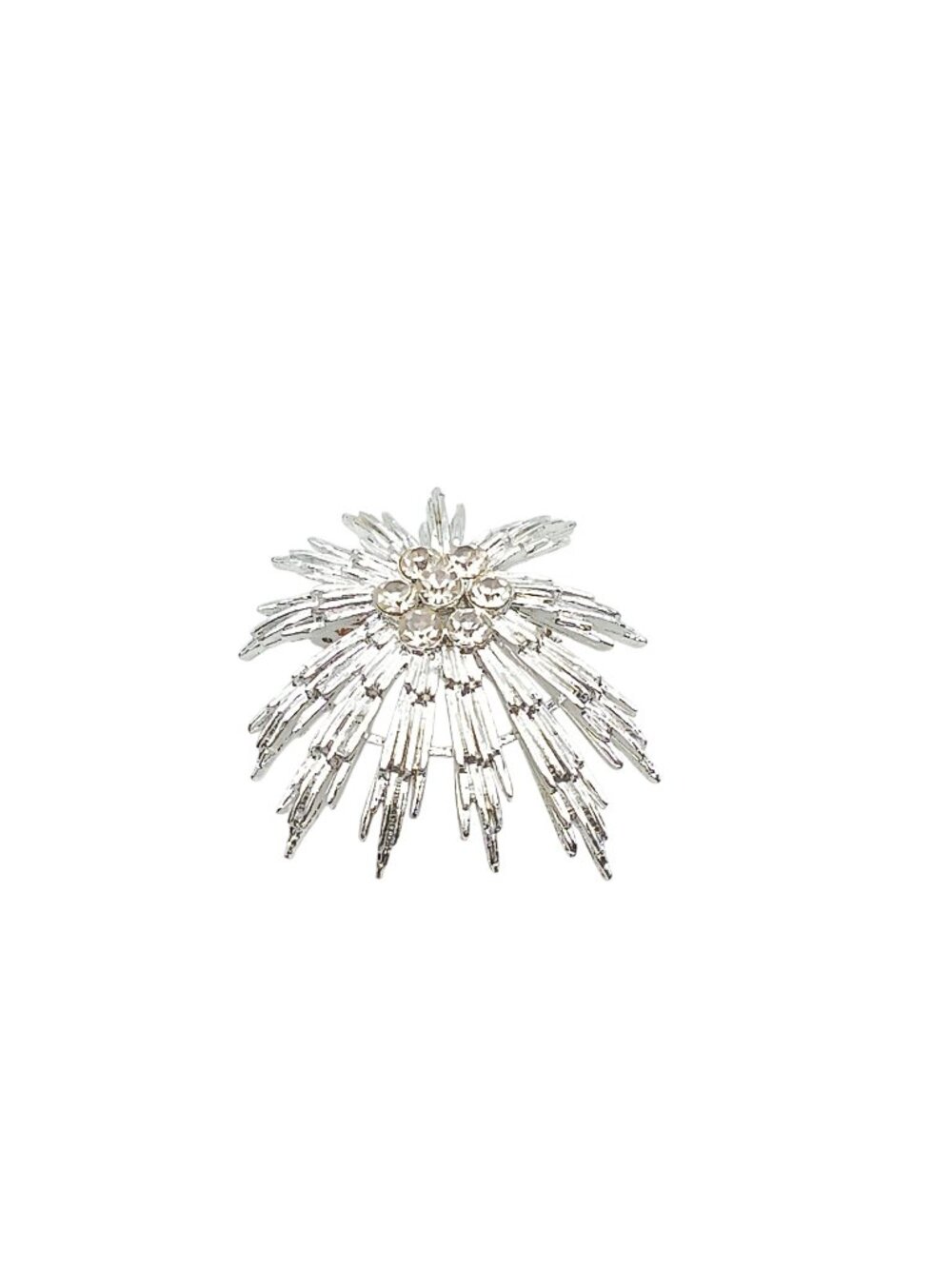 Vintage Rhinestone Starburst Brooch Pin Clear Crystals Silver-Tone Metal Retro